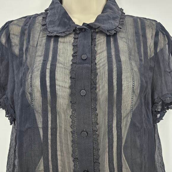J. Crew Womans size 10 Sheer Lace Trim Button Up Shirt Blouse Black CD018 NEW - Picture 2 of 9